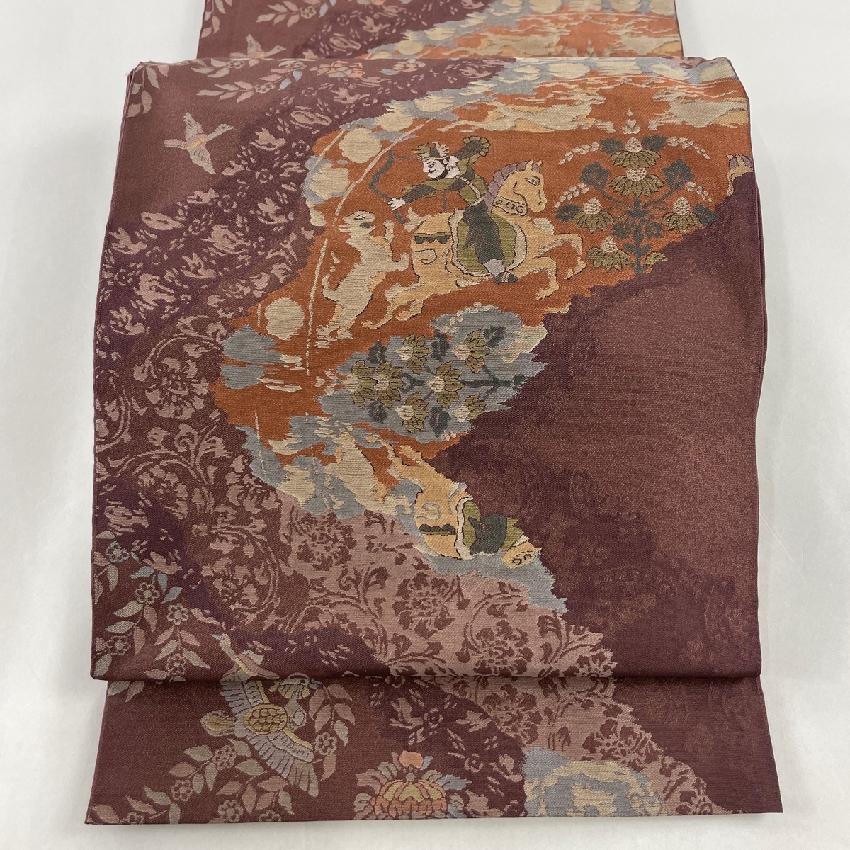 袋帯 美品 秀品 狩猟文 鳥 金糸 茶緑色 六通 正絹 【中古】 | TSUM1947.BY