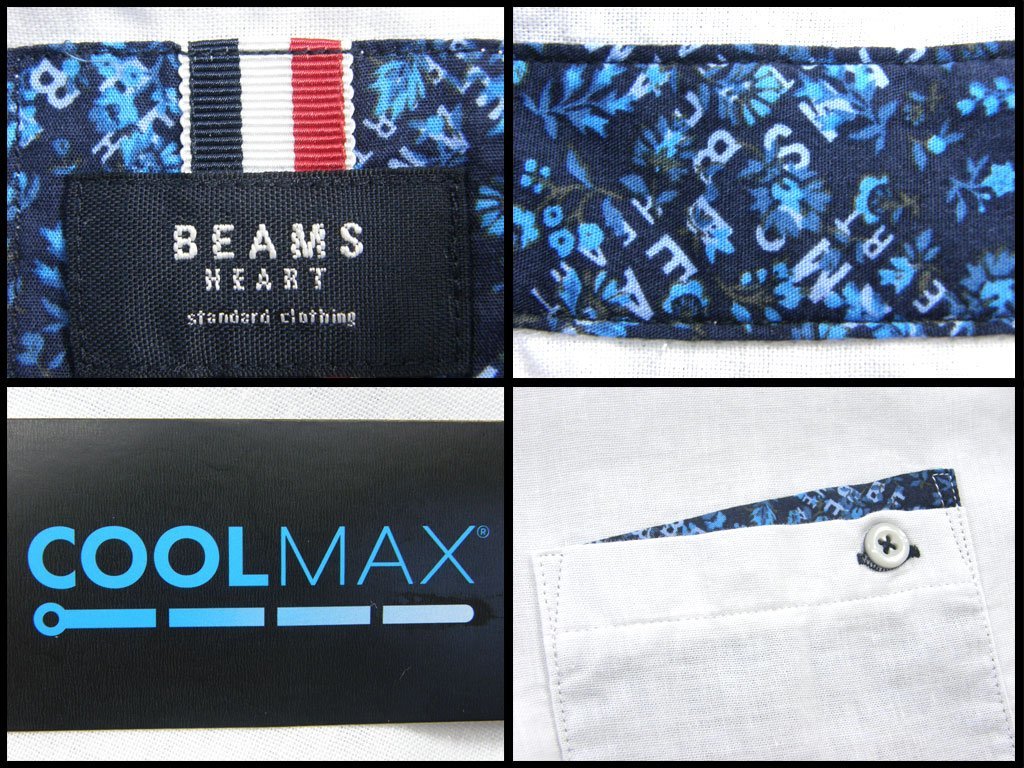 新品 BEAMS × クールマックス 【小花柄】 半袖シャツ L 白 ホワイト トリコロール 麻 リネン ★334526 ビームス BEAMS HEART ボタニカル BEAMS ビームス COOLMAX メンズ ハート）タイムセールシアサッカー ボタン
