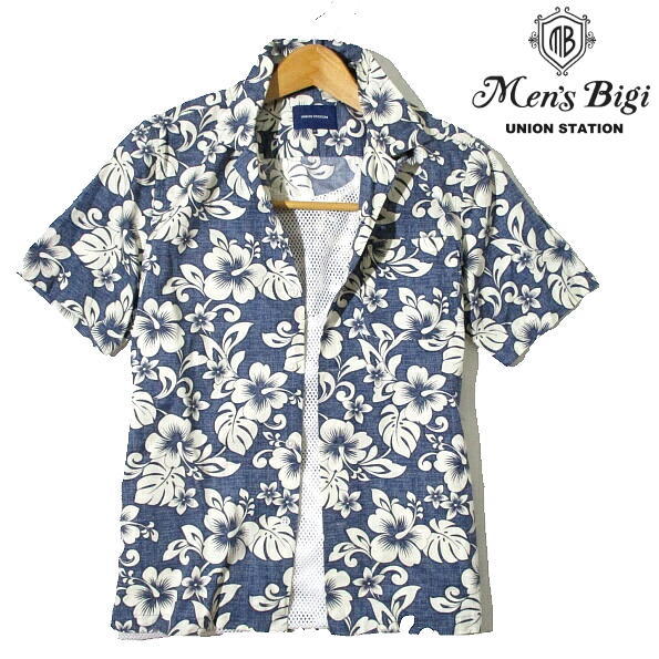 日本製▼ メンズビギ　ユニオンステーション　花柄　半袖シャツ　オープンカラー　Lサイズ　MEN'S BIGI UNION STATION　アロハ