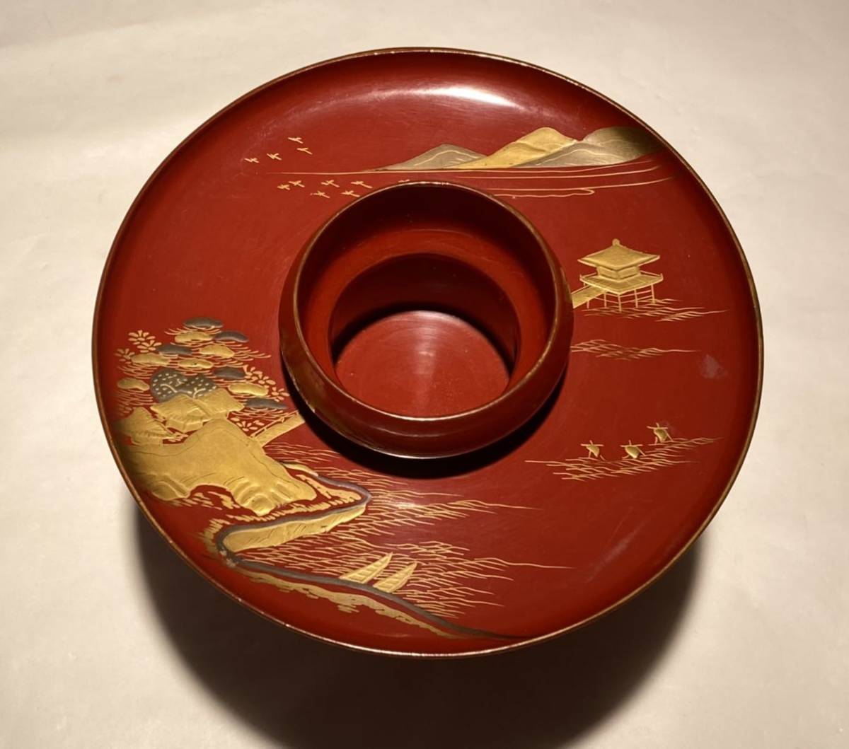 輪島漆塗盃5（本漆塗）朱塗 ☆J382 輪島塗 本漆塗 朱塗 引盃 3点 盃台