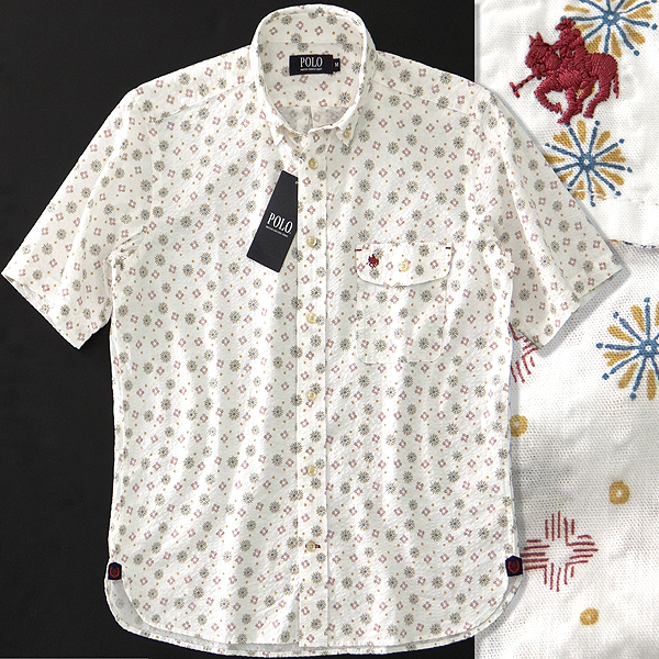 新品 POLO BCS ポロ フラワー柄 シアサッカー 半袖 BDシャツ LL 白 【I58378】 春夏 メンズ ホース刺繍 アロハシャツ ボタンダウン POLO BCS 半袖シャツ オックス BD 春夏（ネイビー）