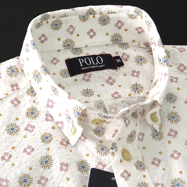新品 POLO BCS ポロ フラワー柄 シアサッカー 半袖 BDシャツ LL 白 【I58378】 春夏 メンズ ホース刺繍 アロハシャツ ボタンダウン POLO BCS 半袖シャツ オックス BD 春夏（ネイビー）