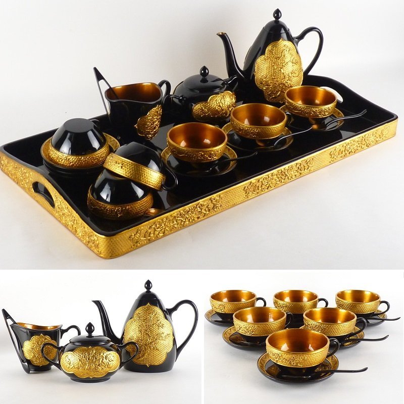 都屋】 22 黒塗 金彩草花文 ティーセット カップ&ソーサー 6客