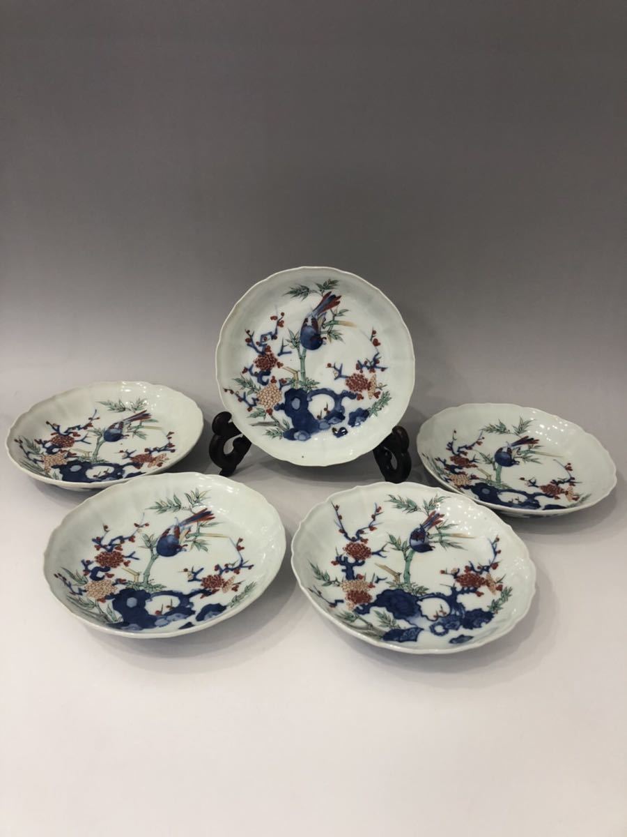 柿右衛門 色絵花鳥文菊花形皿 柿右衛門様式 長皿 5客 輪花 美品時代