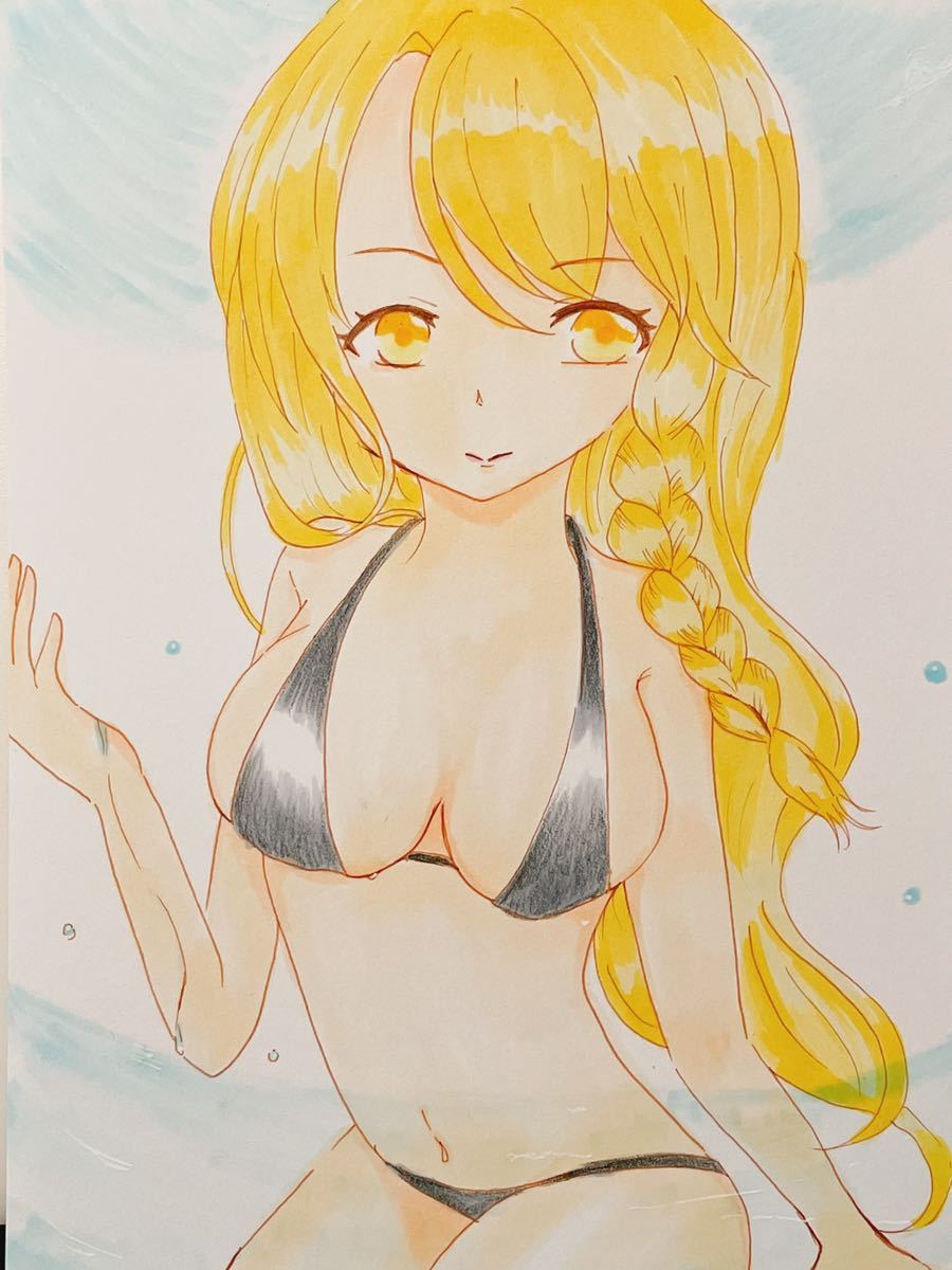 魔理沙 水着 東方Project 手描き イラスト B6 色鉛筆 コピック(手描き