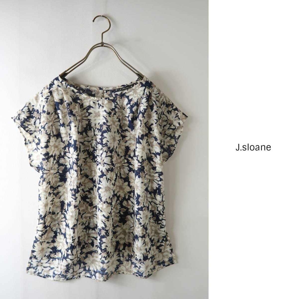 ジェイスローアン J.sloane☆洗える 花柄フレンチスリーブブラウス M 