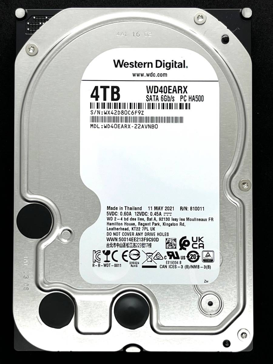 【送料無料】★ ４ＴＢ ★　WD40EARX　【使用時間：210ｈ】　Western Digital　3.5インチ 内蔵 HDD　SATA600/5400rpm　WD　稼働極少