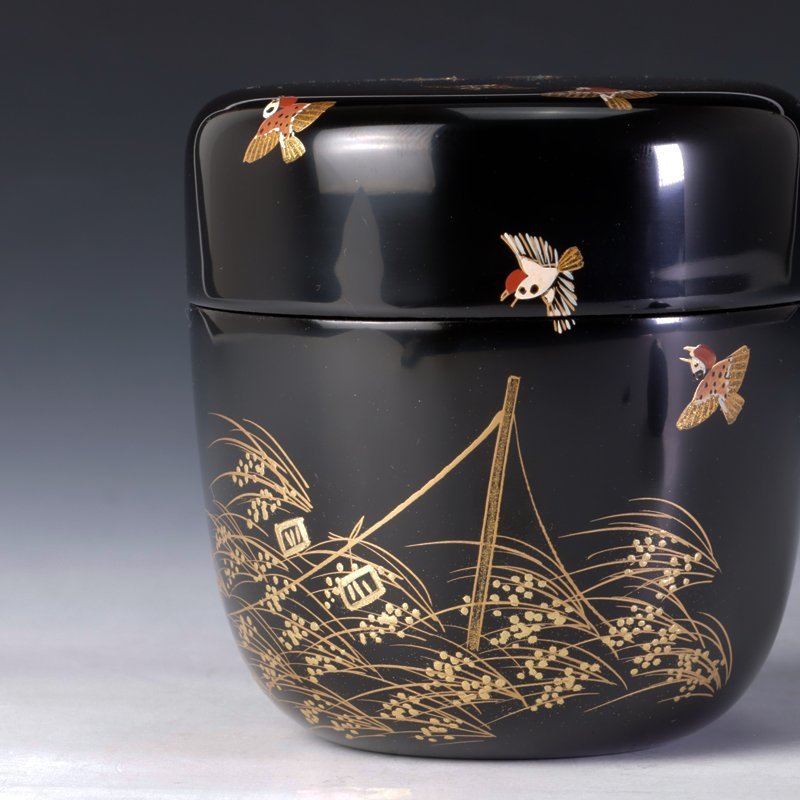 鳴子に雀蒔絵 流 中国美術 中棗 紫檀 唐木 香炉台 旧家蔵出 XA199