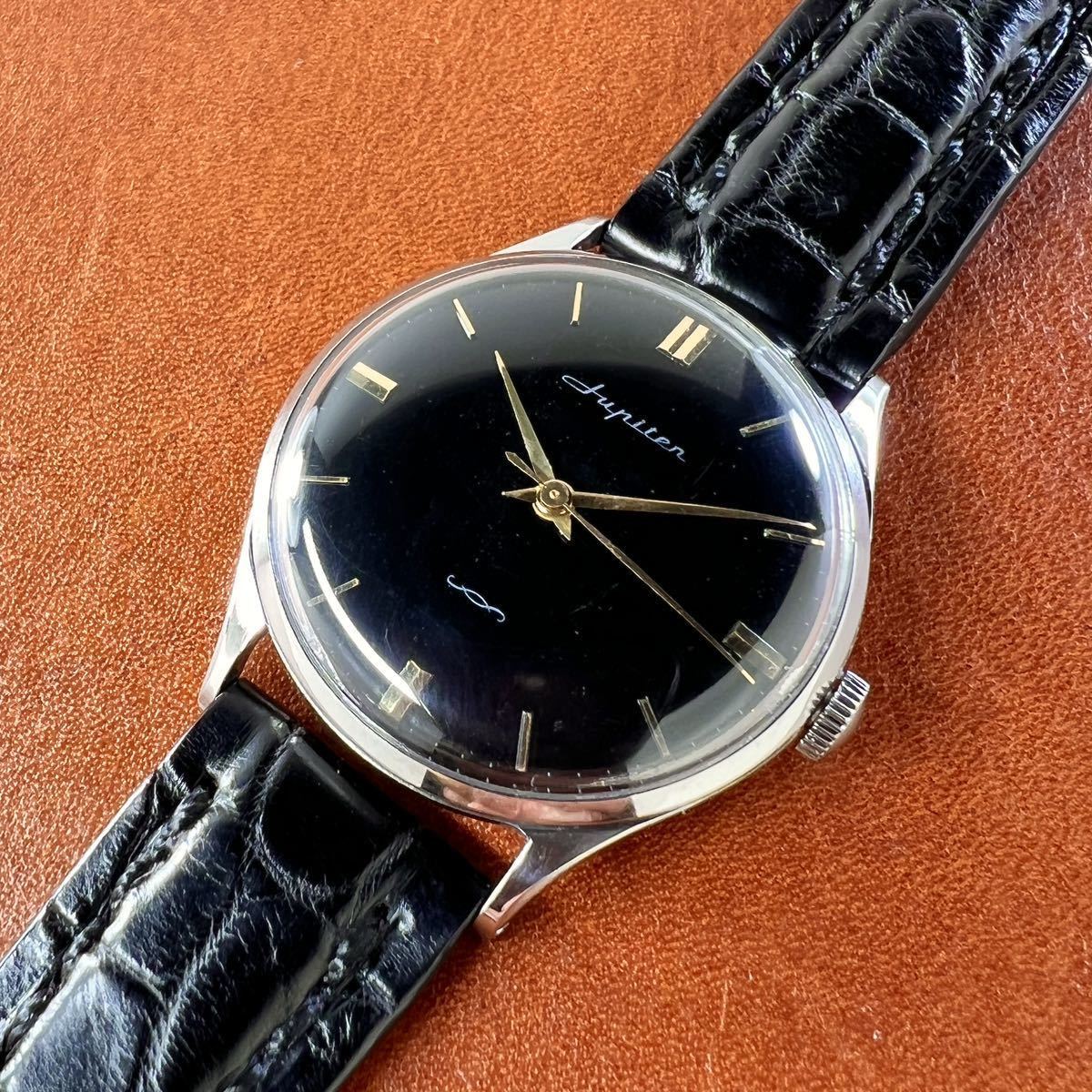 OH済! 極美品! Orient Jupiter 黒文字盤 クロコダイル本革手縫いベルト 