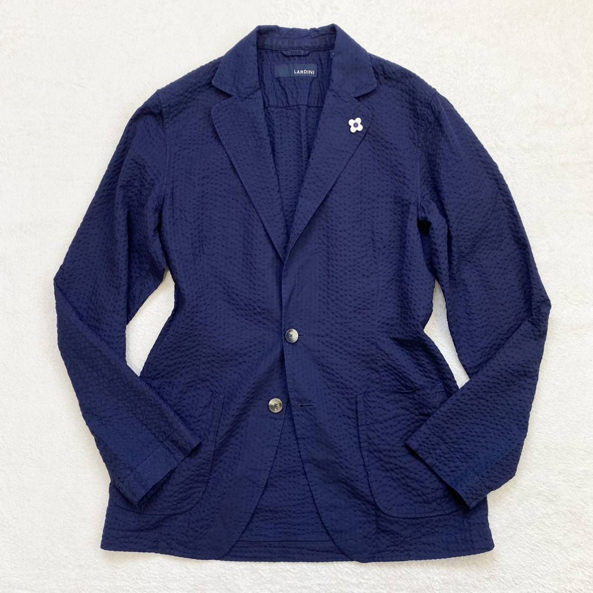 メンズ 美品 LARDINI リネン100% 迷彩 ブルー テーラードジャケット 2B