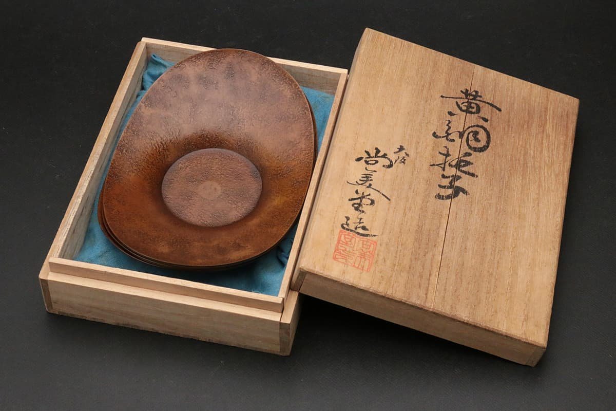黄銅 茶托 五客 HW152 尚美堂造⁄貯底印 小判形 総重243g 共箱附 黄銅托