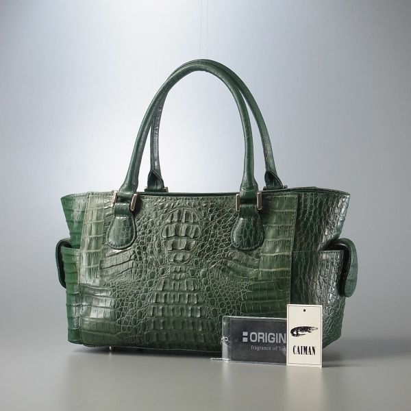 ME1890▽本ワニ革×型押しレザー カイマンレザー*トートバッグ/ハンドバッグ/手提げ 鞄*グリーン/緑系 カイマン メンズ 型押し shokai（三京商会） sankyo 時計ベルト