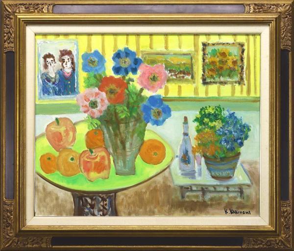 真作】【WISH】垣内カツアキ「アネモネの花瓶のある部屋」油彩 15号