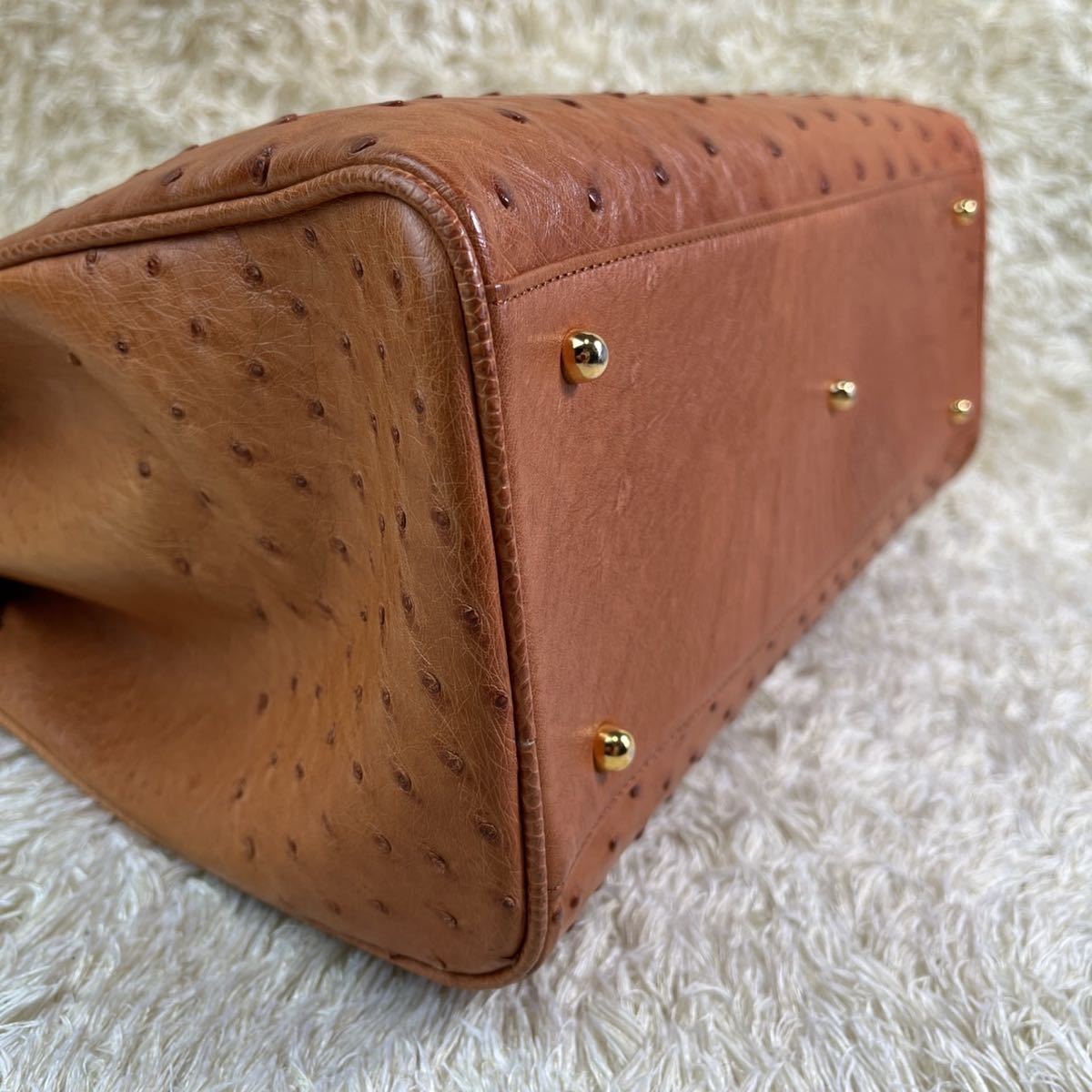 1円【極美品・超稀少】JRA認定 ハンドバッグ オーストリッチ キャメル 