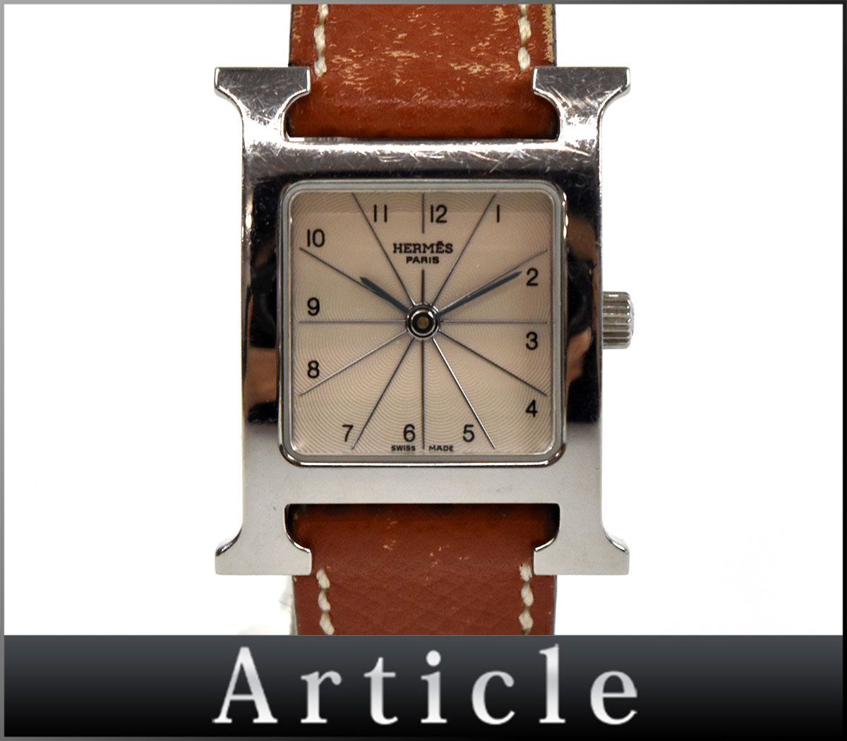 131168☆ 動作確認済 HERMES エルメス Hウォッチ 腕時計 クォーツ 2針 HH1.210 SS レザー 革 アイボリー シルバー レディース/ D