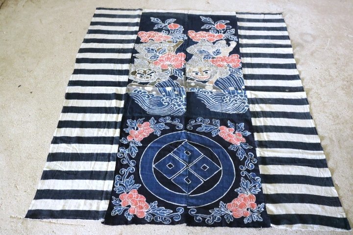 TB526古布 筒描 獅子波牡丹縞紋 143×121.5cm◇家紋/藍染/風呂敷/染物 