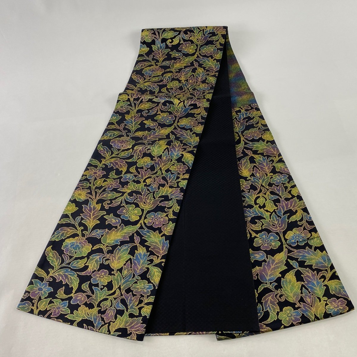 【競ナビ】袋帯 美品 名品 草花 箔 黒 六通 正絹 【中古】 袋帯 名品 美品 50%OFF 鳥 K50