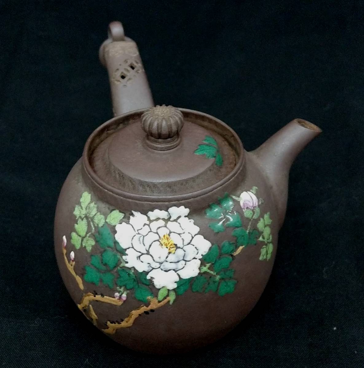 萬古焼 急須 美品 日本有節 色絵牡丹図 絵萬古 在銘 共