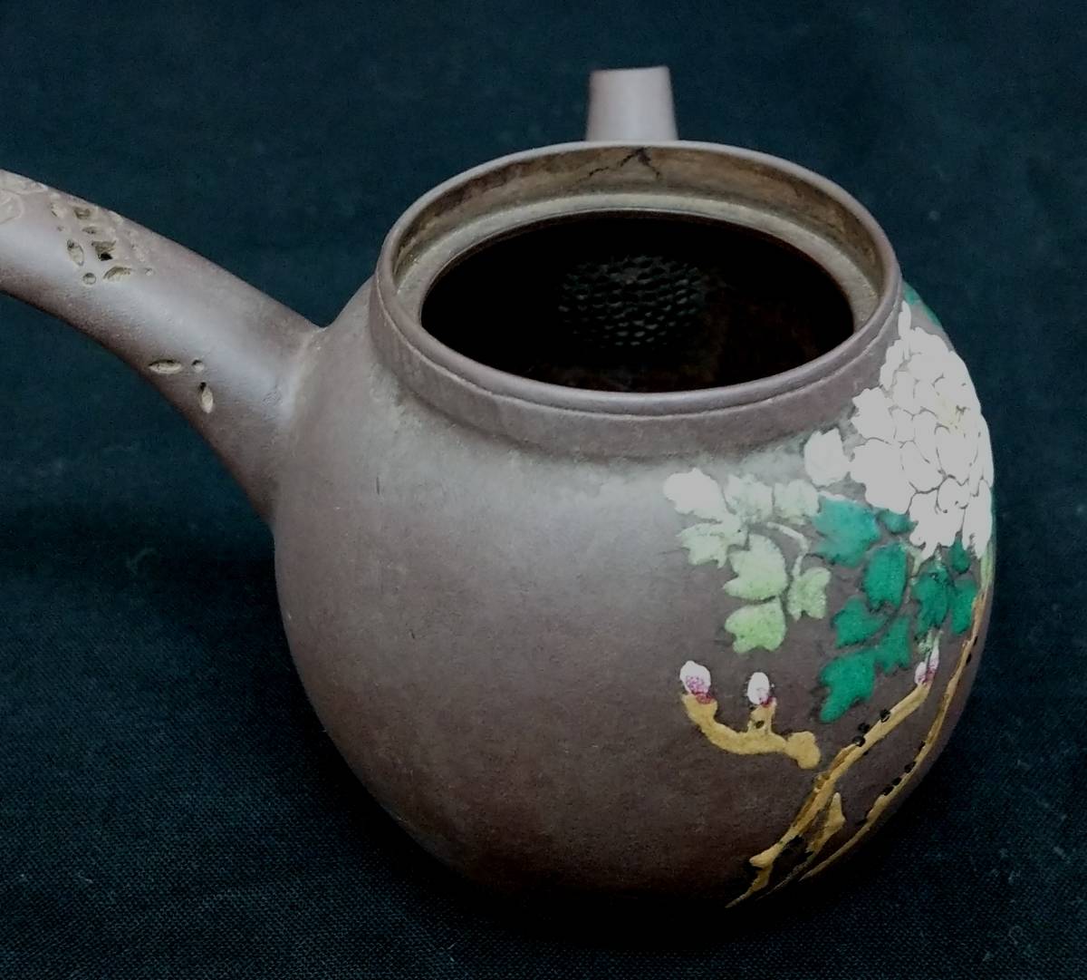 萬古焼 急須 美品 日本有節 色絵牡丹図 絵萬古 在銘 共
