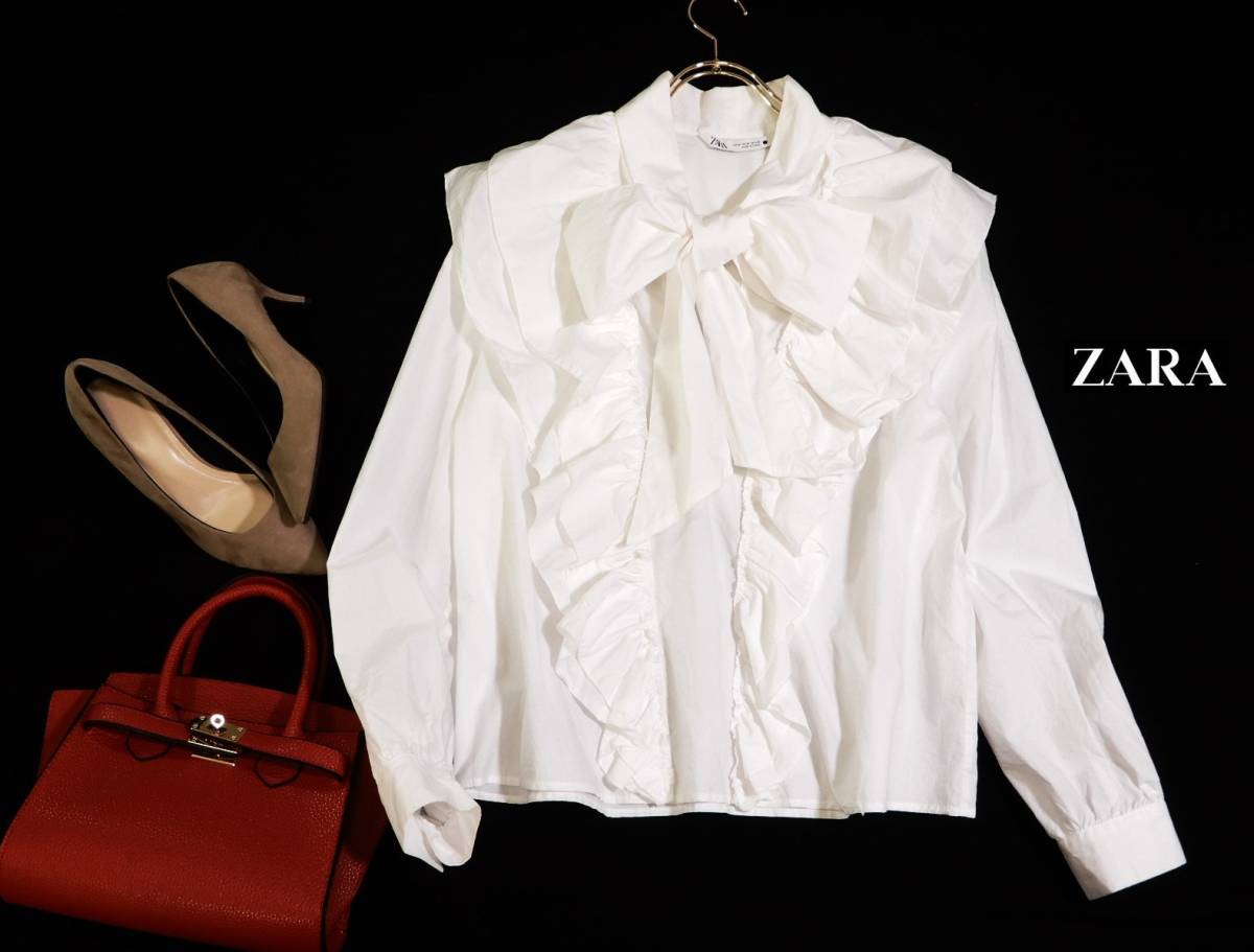 ZARA リボン ザラ ボウタイ ボリューム ボウタイブラウス 袖 モノクロ 
