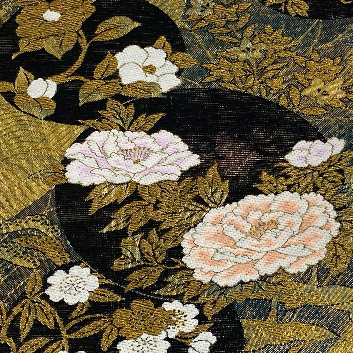 競ナビ 袋帯 美品 秀品 鳥 草花 金糸 箔 金色 六通 正絹 中古