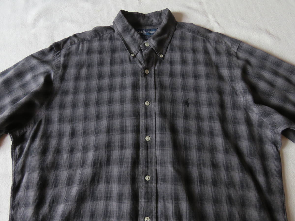 90sRalphLaurenシルクシャツBLAKE シャドウ オンブレ L 古着 ポロ ラルフローレン オンブレ シャドーチェックシャツ シルク