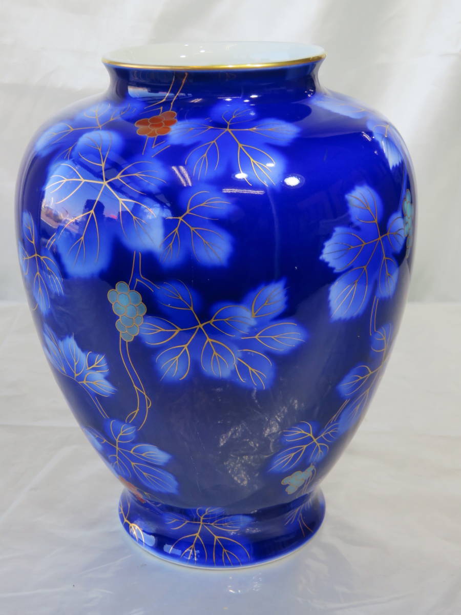 特大花瓶 有田焼 深川製磁 瑠璃牡丹ルリ金彩 宮内庁御用達 花生 14号 深川