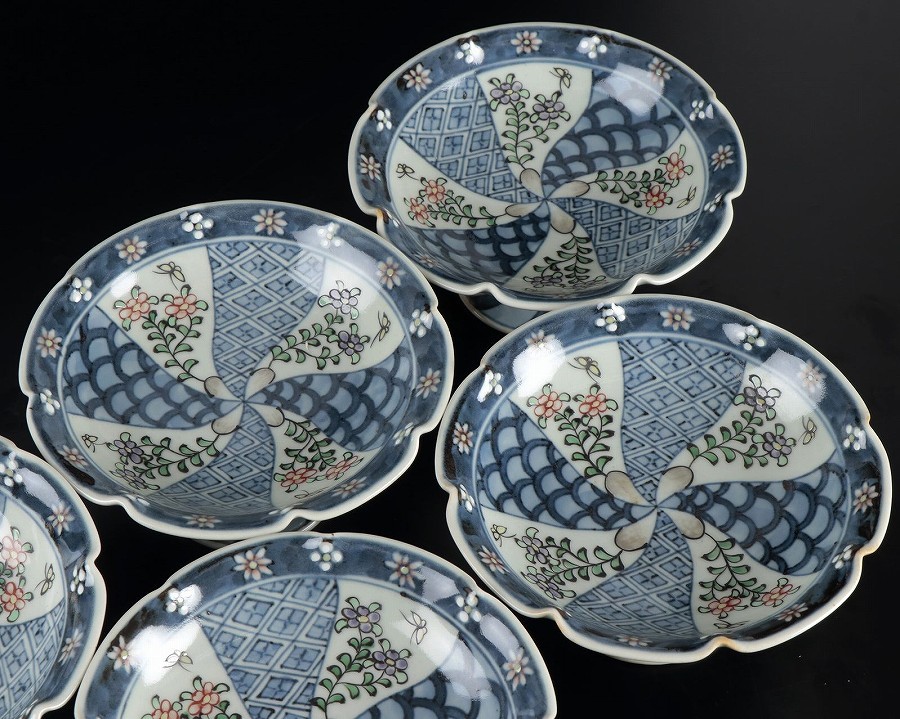 □佐藤走波作 染付染錦花図 高杯皿 向付