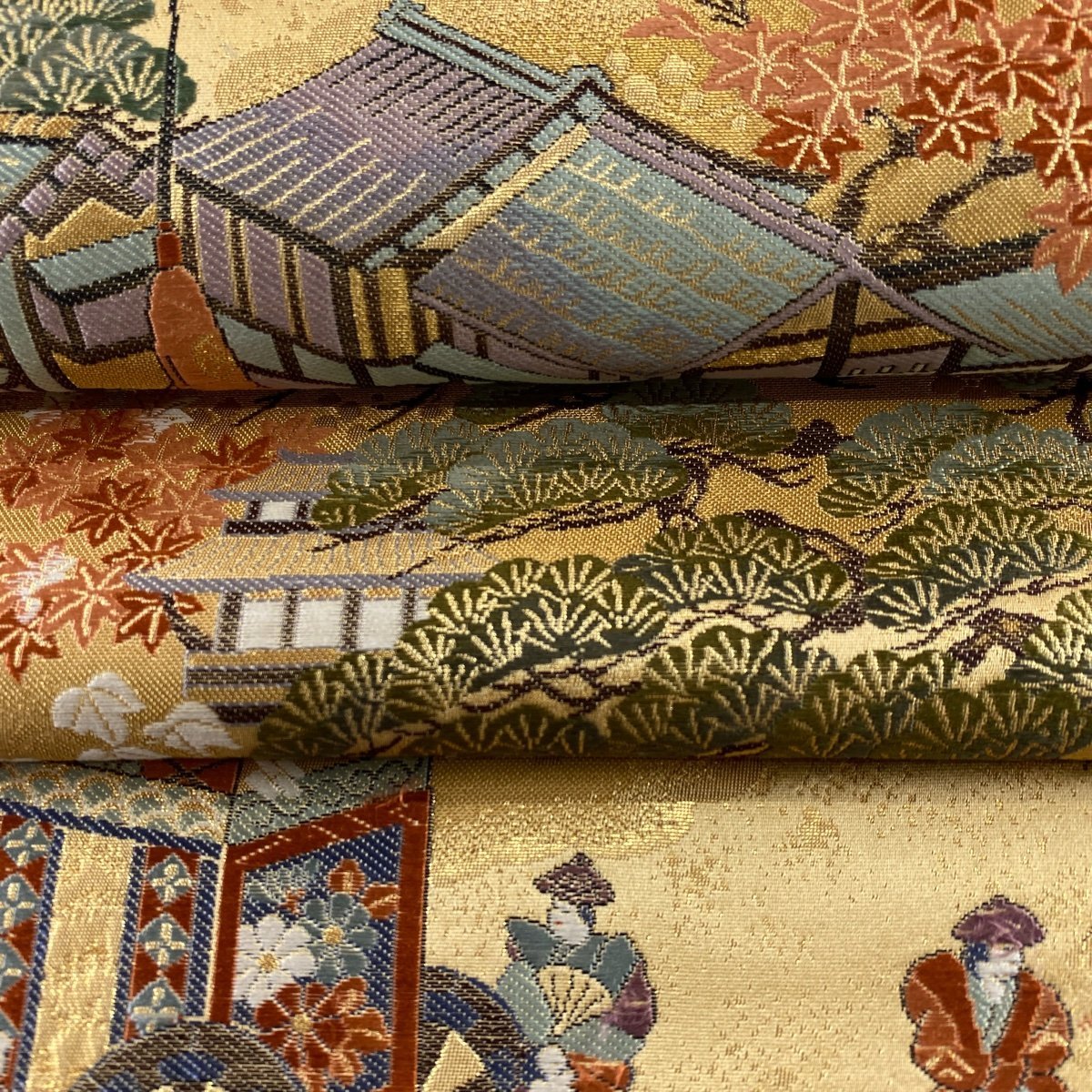 競ナビ】袋帯 美品 秀品 山水絵巻文葉 金糸 箔 金色 全通 正絹 【中古 