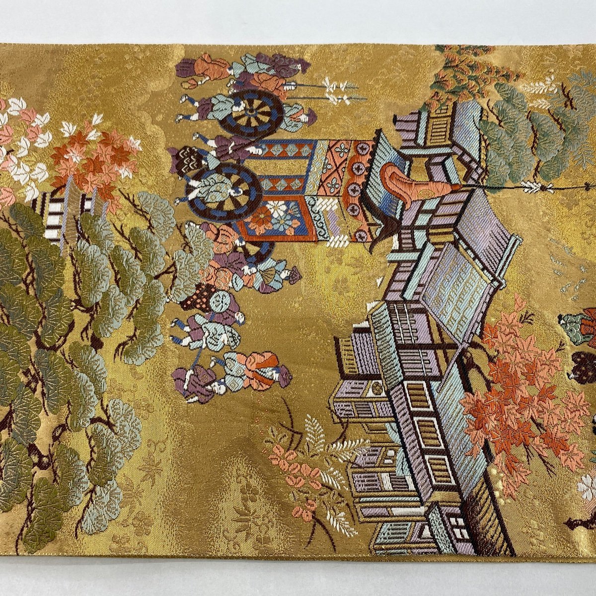 競ナビ】袋帯 美品 秀品 山水絵巻文葉 金糸 箔 金色 全通 正絹 【中古 