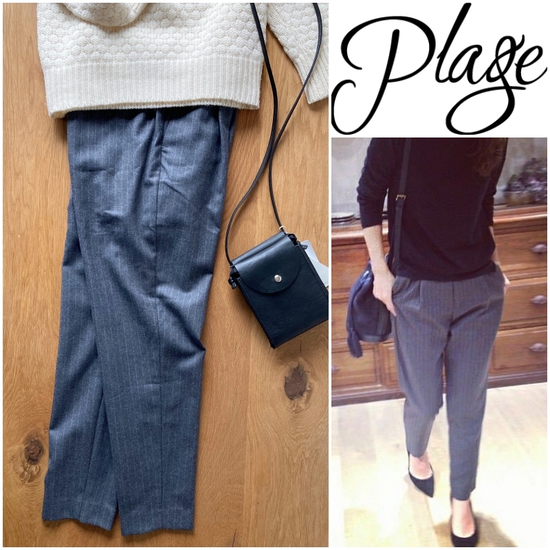 美品 送料無料 Plage プラージュ 美シルエット ウエストゴム テーパードタックパンツ ウールストライプ 38 日本製 通勤 ienadeuxiemeclasse