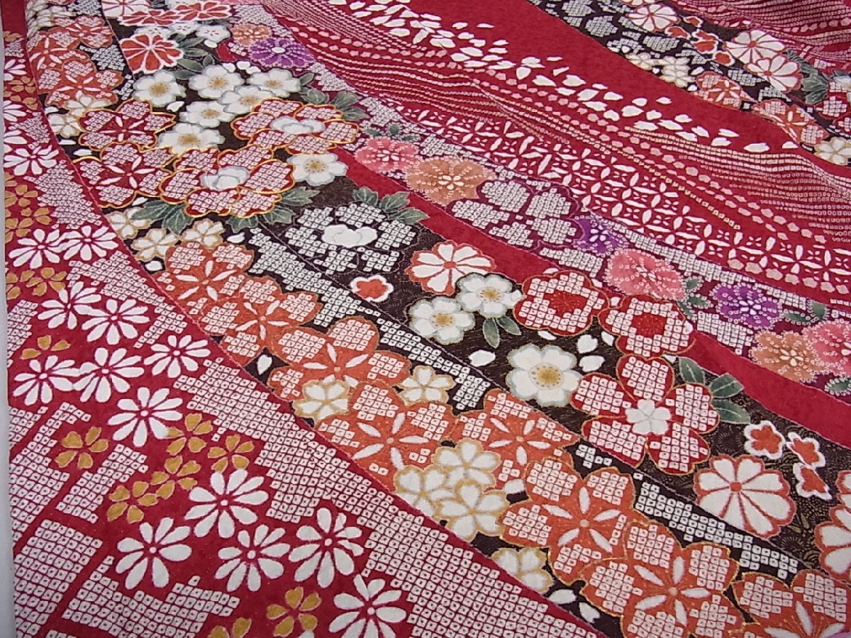 606u7☆振袖用長襦袢 絞り染 /裄67.5袖丈107.5/刺繍半衿付☆美品 花美人□極上 振袖 長襦袢(無双仕立て・半衿刺繍・ラインストーン