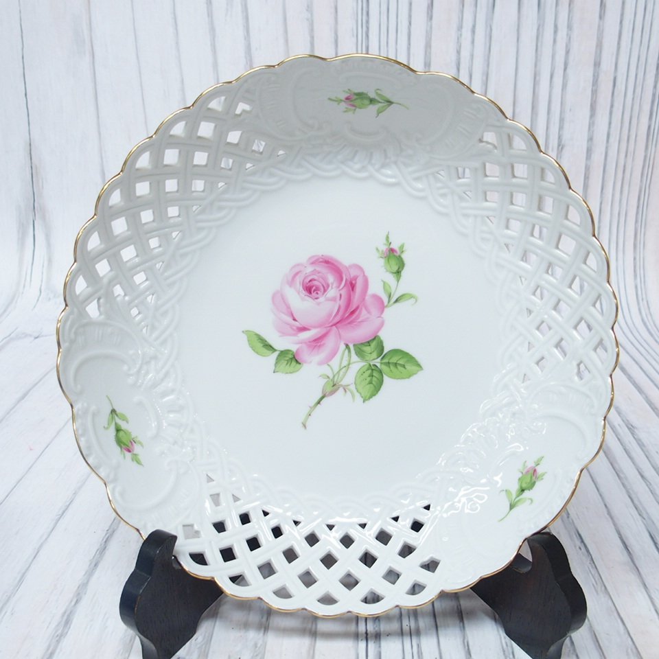 meissen マイセン ピンクローズ オープンワーク プレート透かし 飾り皿 m001 H【美品 マイセン ピンクローズ オープンワーク プレート 直径