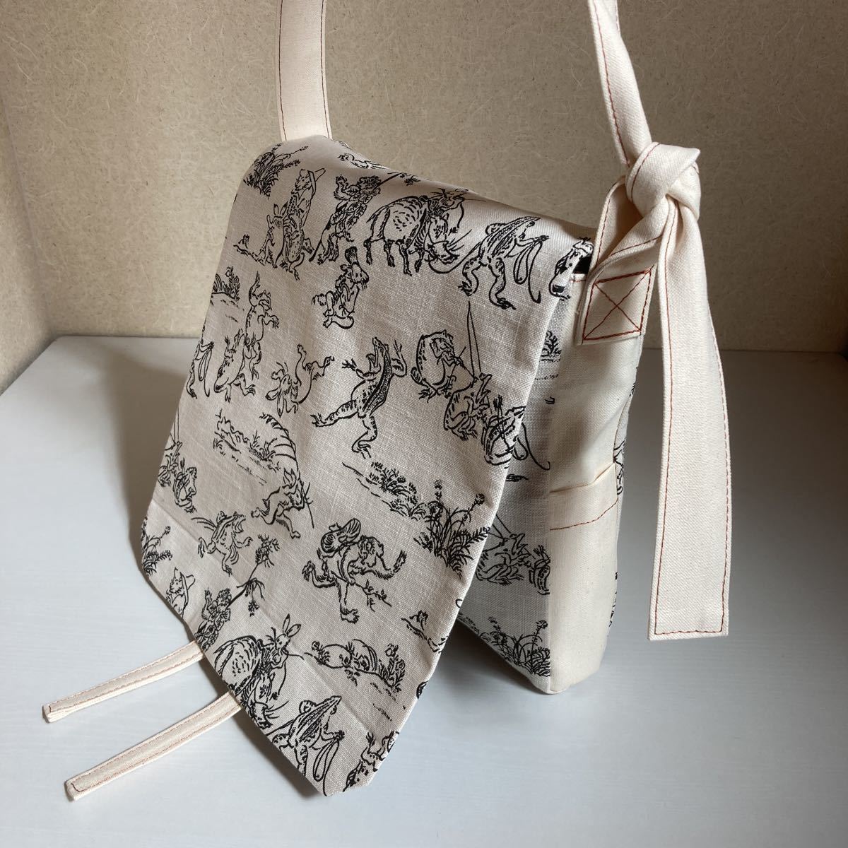 頭陀袋　11号帆布×鳥獣戯画柄　生成り　小寸　ショルダーバッグ　神社仏閣巡り・御朱印巡り・お寺参り　仏具