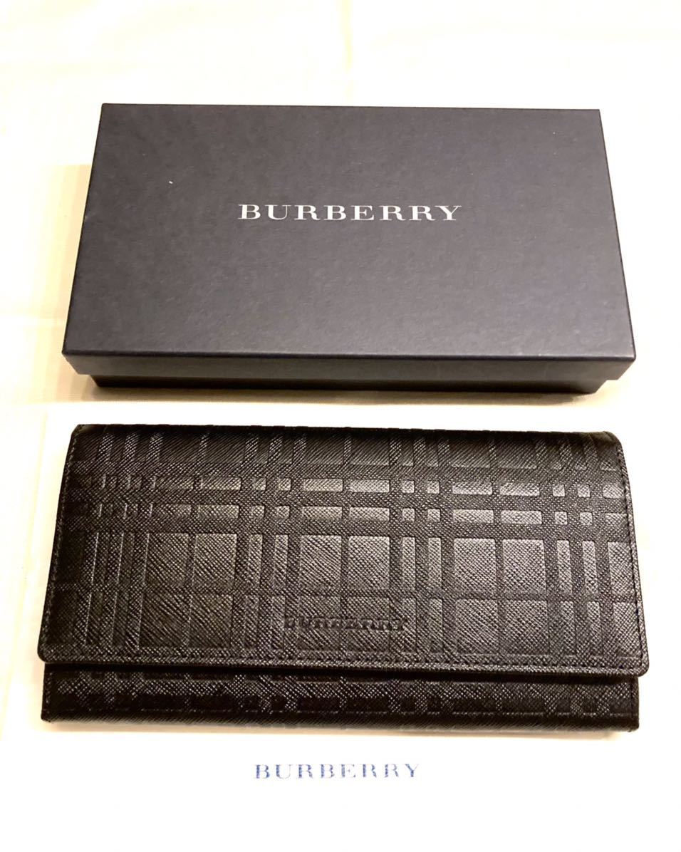 ★新品未使用品★ BURBERRY バーバリー エンボス加工 ブラックレザー 長財布 ノバチェック こ銭入れ付き カードケース 黒