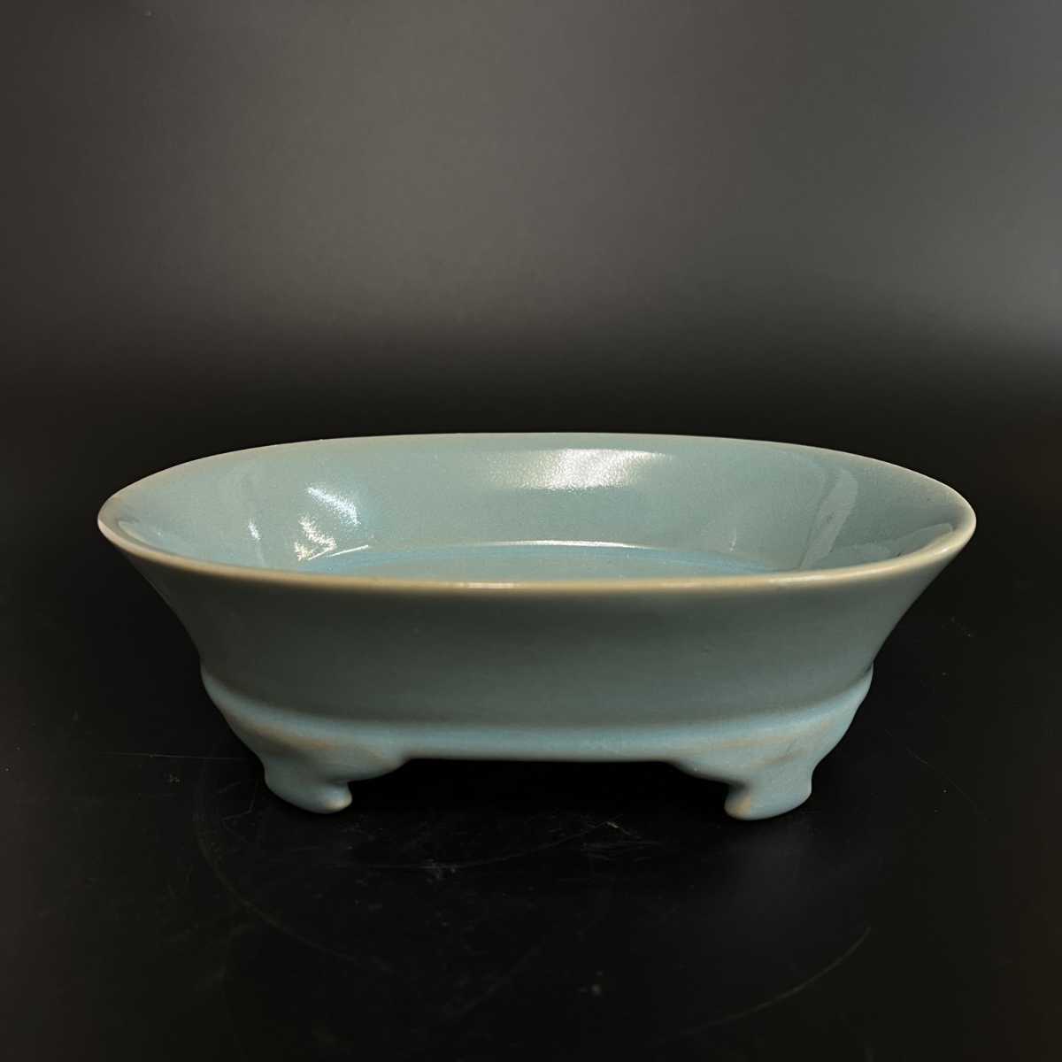 宋汝窯藍釉菊花弁水仙盆 筆洗 書道具 文房具 現代工芸品