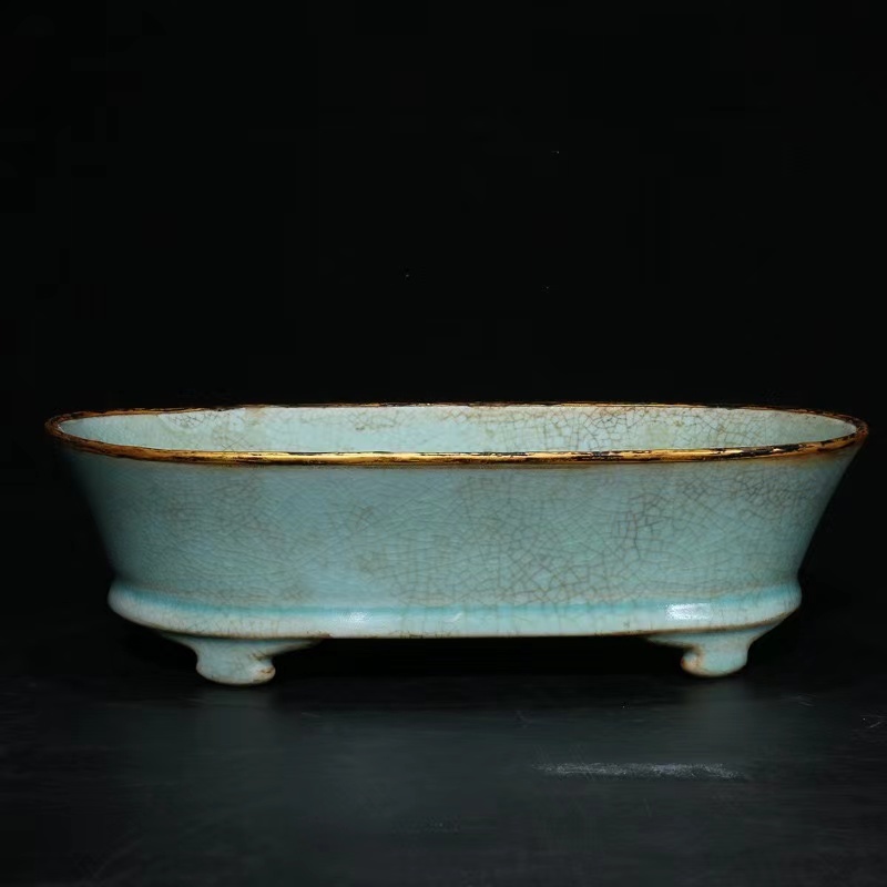 多寶屋】LC117□宋時代 汝窯 包金刻字 水仙盆 極品◇高さ6.9cm直径