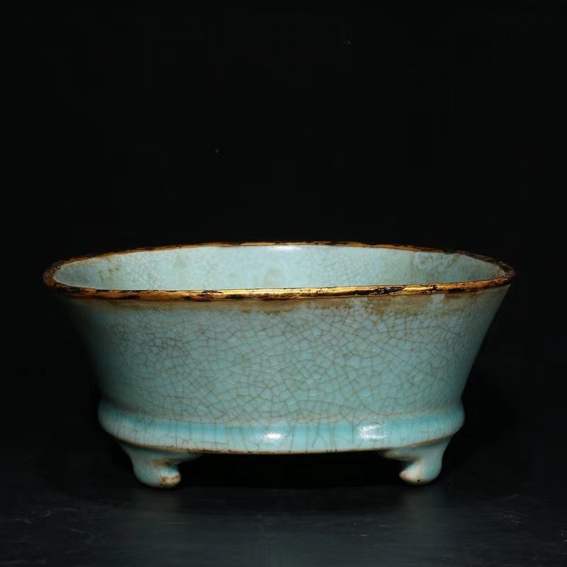 多寶屋】LC117□宋時代 汝窯 包金刻字 水仙盆 極品◇高さ6.9cm直径