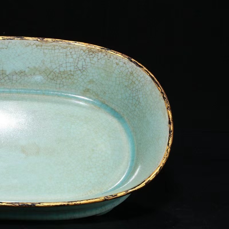 多寶屋】LC117□宋時代 汝窯 包金刻字 水仙盆 極品◇高さ6.9cm直径