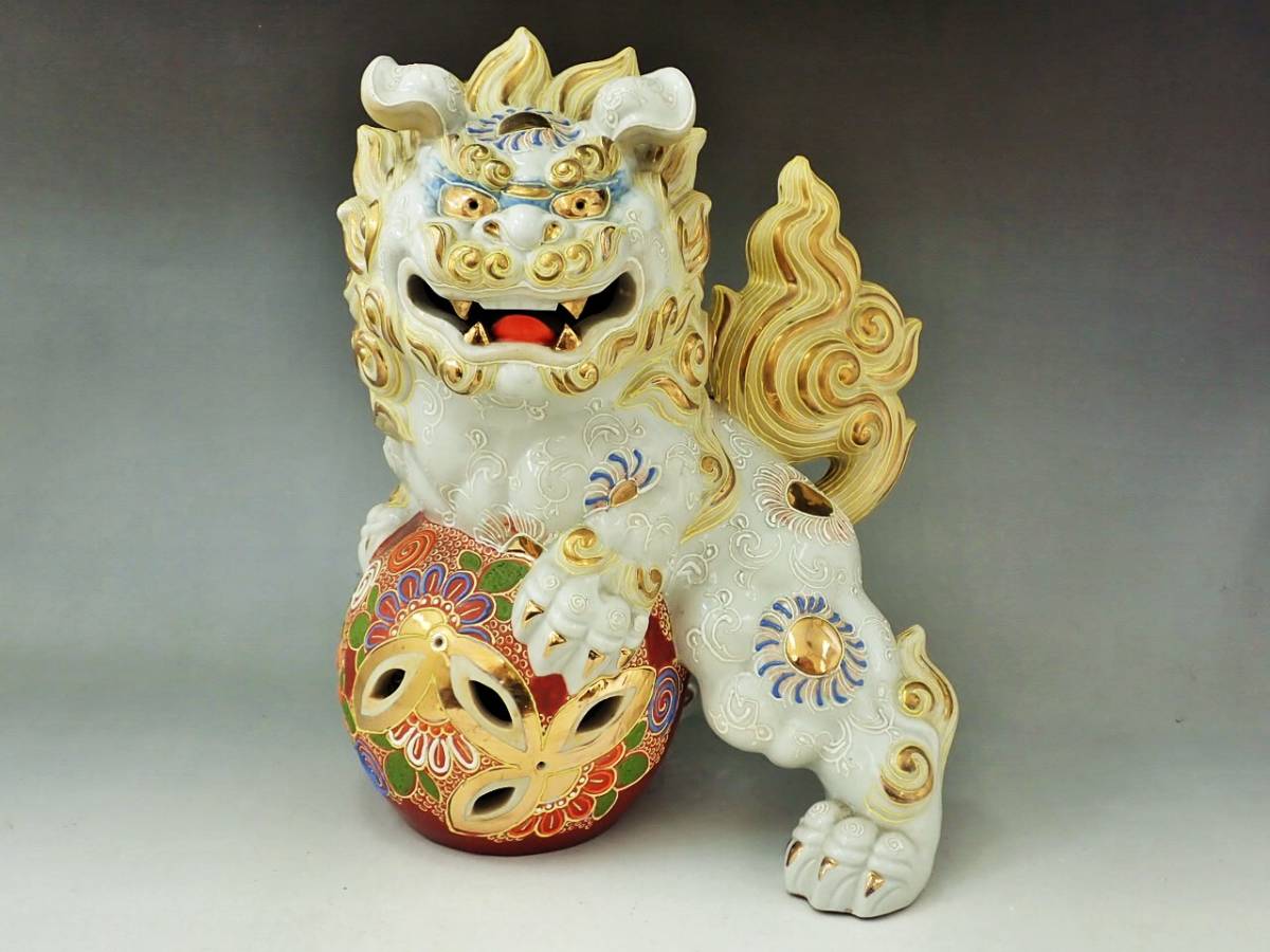 九谷焼 獅子 Yahoo!オークション 宝蔵九谷焼 玉獅子置物 高さ約25㎝ 重さ