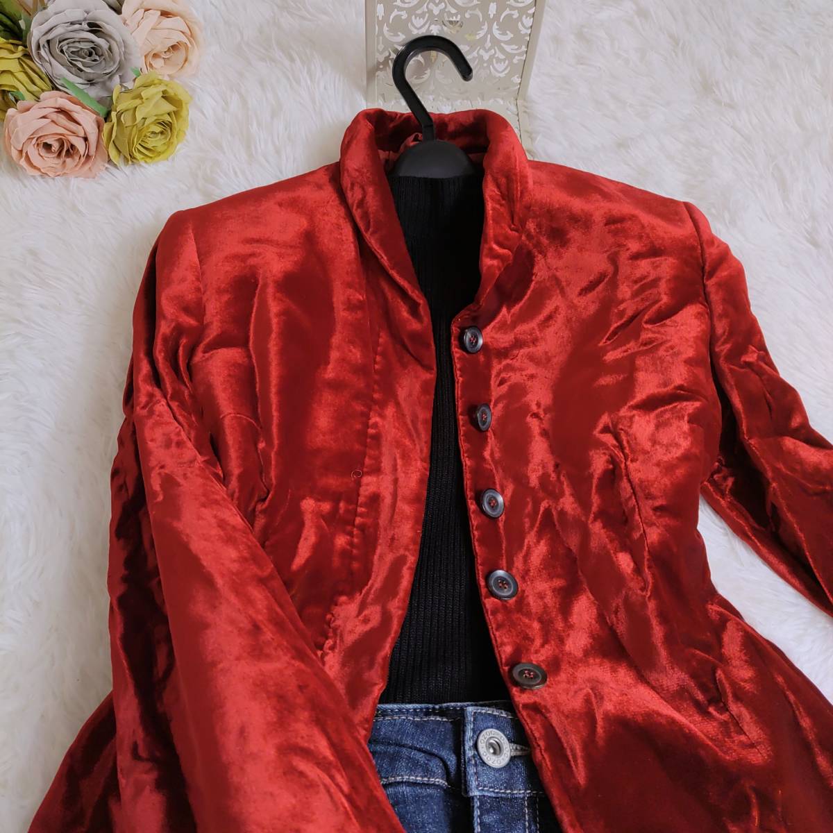 GUCCI グッチ 上品RED系 サテンジャケット アウター ボタンロゴ刻印 