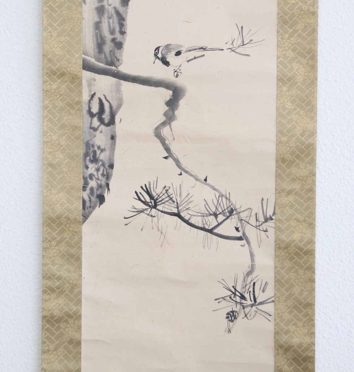 真作】 帝室技芸員 森寛斎 松に鳥 紙本軸装 掛軸 書画