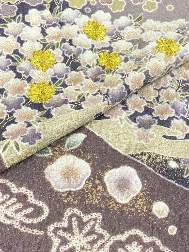 606mh87〇鈴乃屋取扱い 訪問着 金彩 地紋 菊 流水文〇美品