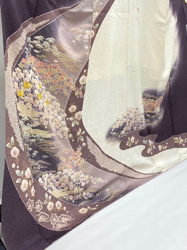 606mh87〇鈴乃屋取扱い 訪問着 金彩 地紋 菊 流水文〇美品