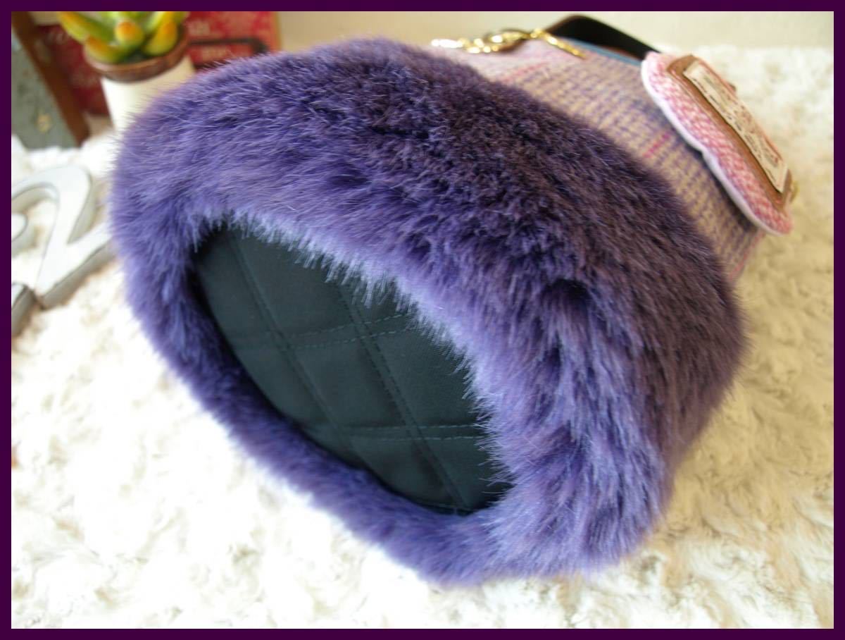 ハンドメイド*+.ガーリー:Harris Tweed(ハリスツイード)＋もふっもふ上質エコファー:くっつきminiポーチ付小ぶりなバケツトートショルダー