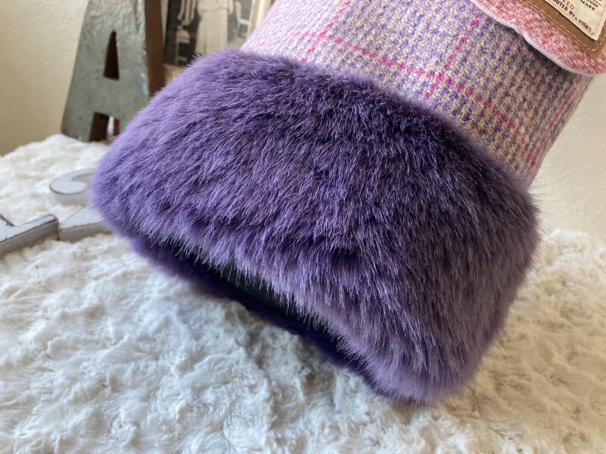 ハンドメイド*+.ガーリー:Harris Tweed(ハリスツイード)＋もふっもふ上質エコファー:くっつきminiポーチ付小ぶりなバケツトートショルダー