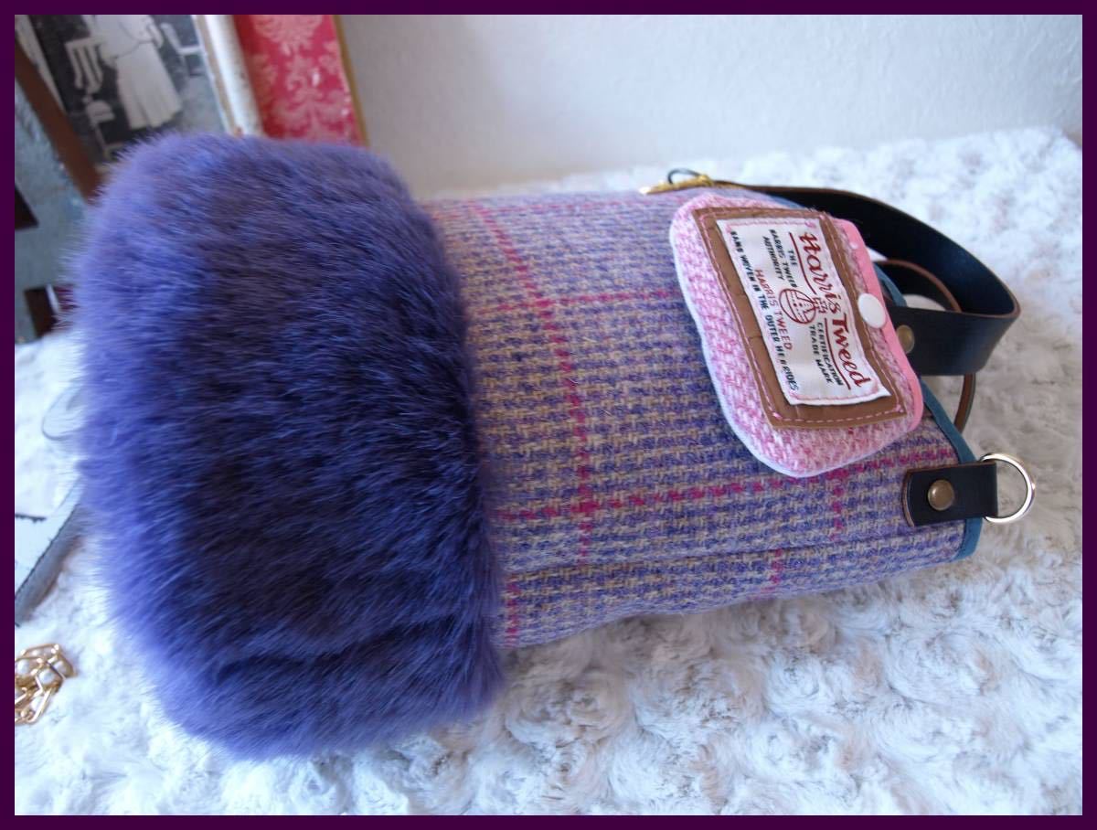 ハンドメイド*+.ガーリー:Harris Tweed(ハリスツイード)＋もふっもふ上質エコファー:くっつきminiポーチ付小ぶりなバケツトートショルダー