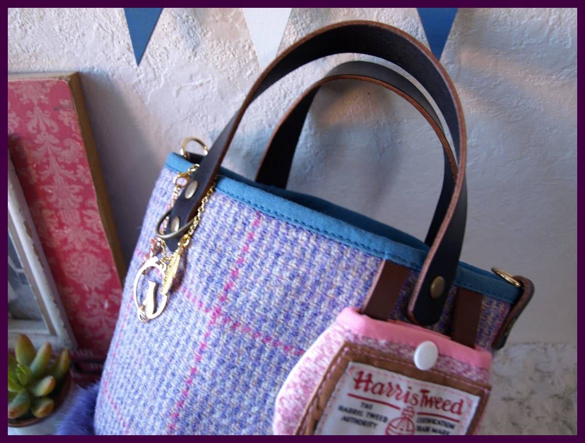 ハンドメイド*+.ガーリー:Harris Tweed(ハリスツイード)＋もふっもふ上質エコファー:くっつきminiポーチ付小ぶりなバケツトートショルダー