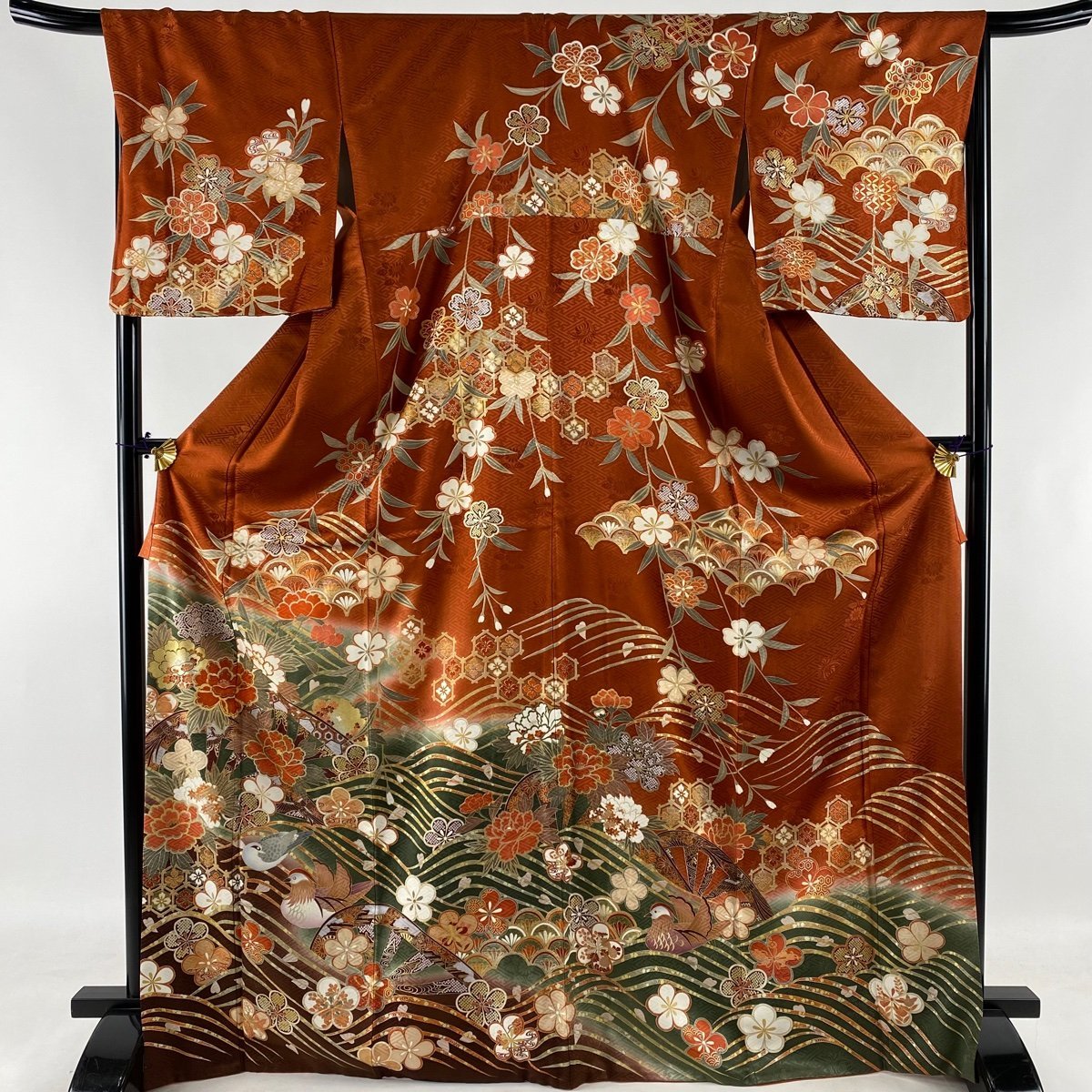 競ナビ】訪問着 美品 優品 草花 鴛鴦 金銀彩 金糸 赤茶 袷 171.5