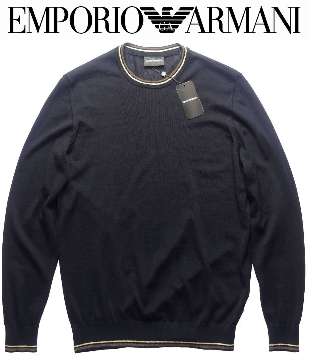 新品，SALE 秋冬物58 000円 EMPORIO ARMANIアルマーニ トリムライン ほんのりカジュアル感ハイゲージ丸首濃紺ニット 欧米XXL＝日本3XL(セーター)｜売買されたオークション情報、yahooの商品情報をアーカイブ公 男性用